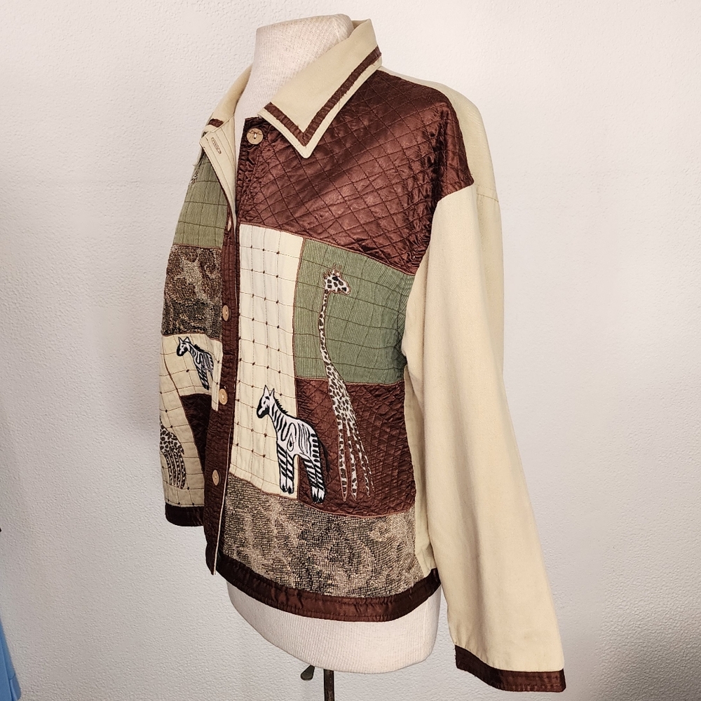 New Direction Jacket 100% Cotton Safari Zebra Patchwork Cream Multi Size XL - Picture 10 of 14
